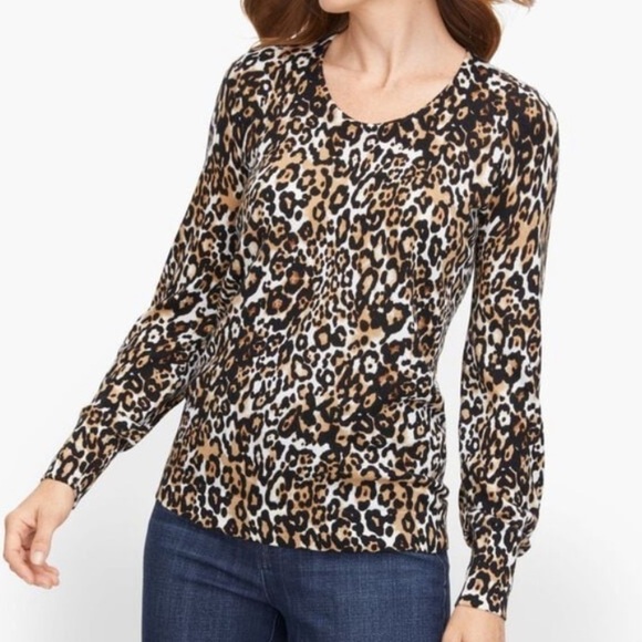 Talbots Sweaters - Talbots Soft Merino Wool Bishop Sleeve V-Neck Sweater in Leopard Print